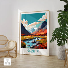 Glencoe Poster Print Modern in a large natural wood frame leaning in a room with a rattan chair and monstera plant