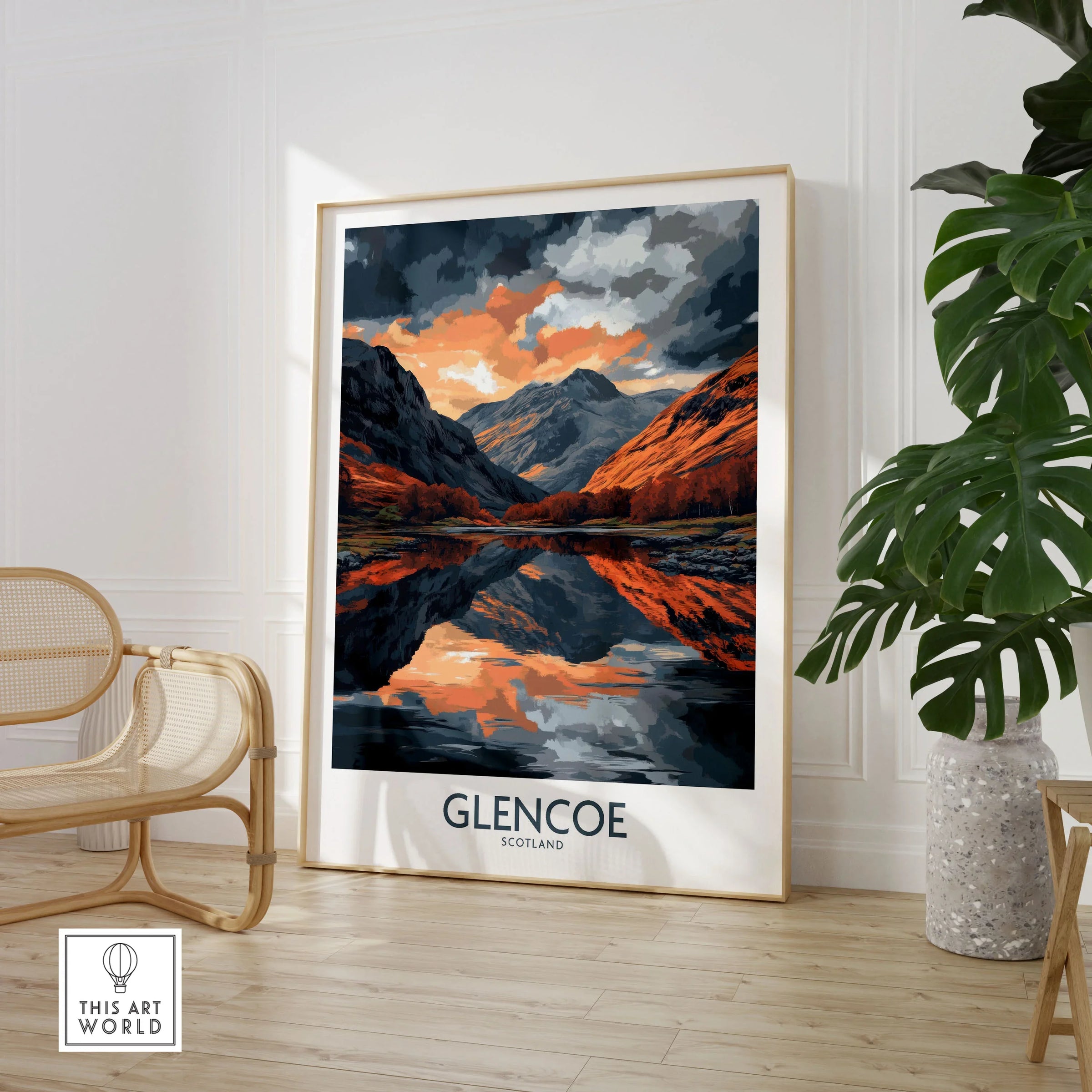 Glencoe Wall Art Poster in a large natural wood frame leaning in a room with a rattan chair and monstera plant