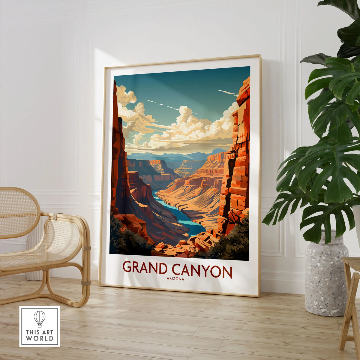 Grand Canyon Wall Art | Modern Style in a large natural wood frame leaning in a room with a rattan chair and monstera plant