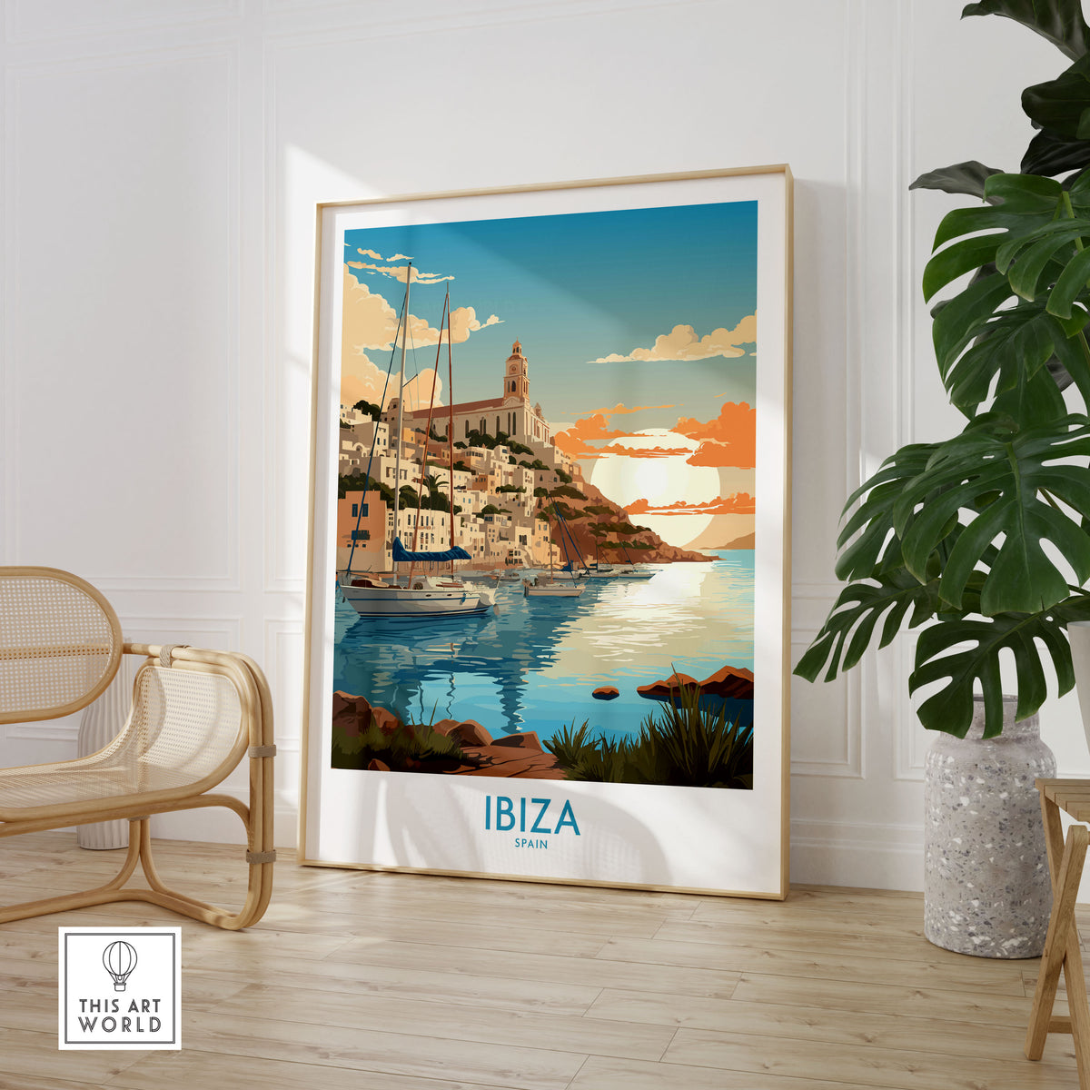 Ibiza Poster Print Modern in a large natural wood frame leaning in a room with a rattan chair and monstera plant