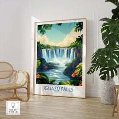 Iguazu Falls Poster Argentina in a large natural wood frame leaning in a room with a rattan chair and monstera plant