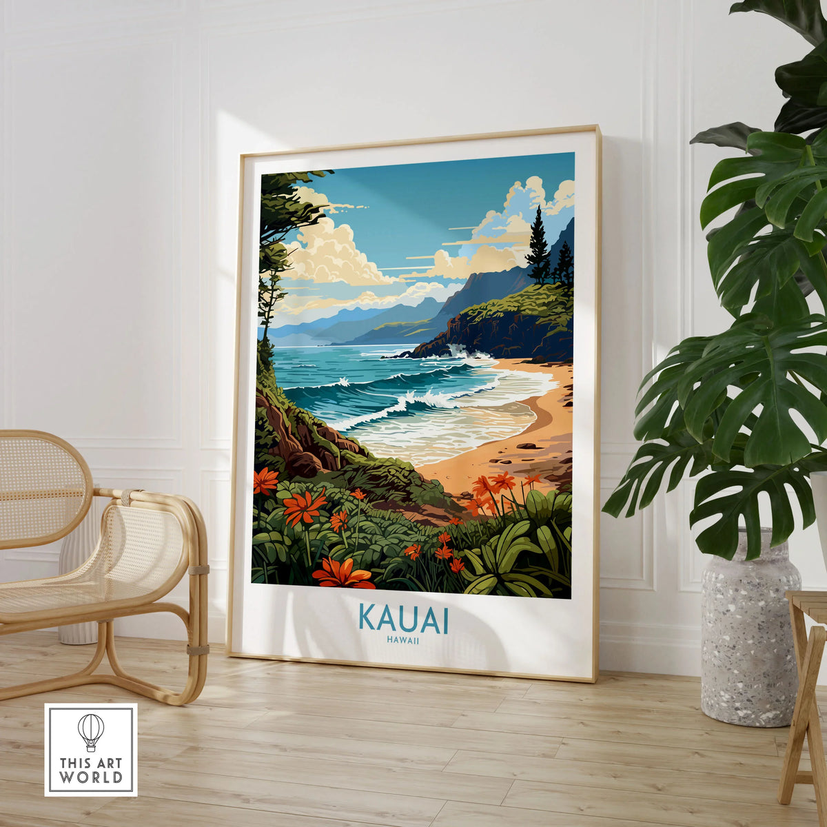 Kauai Travel Poster in a large natural wood frame leaning in a room with a rattan chair and monstera plant