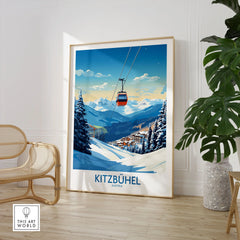 Kitzbuhel Wall Art Print in a large natural wood frame leaning in a room with a rattan chair and monstera plant