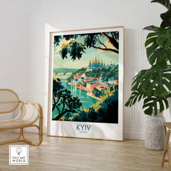 Kyiv Ukraine Dnipro River Wall Art — golden domes on a wooded bluff above the Dnipro river, shown as large framed print room setting chair plant