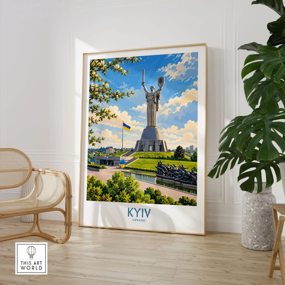Kyiv Ukraine Spring Blossom Wall Art — the Motherland Monument under spring blossom with the Ukrainian flag flying, shown as large framed print room setting chair plant