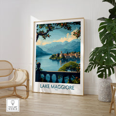Lake Maggiore Poster Italy in a large natural wood frame leaning in a room with a rattan chair and monstera plant