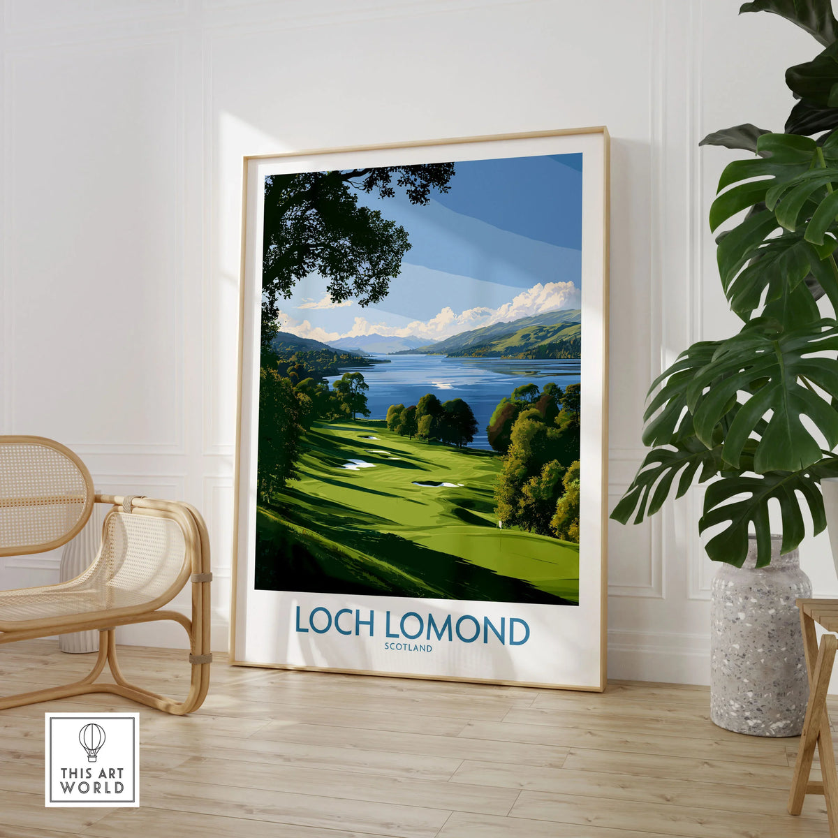 Loch Lomond Scotland Lochside Meadow Wall Art — a sunlit grassy shoreline running down to Loch Lomond under old oaks, shown as large framed print room setting chair plant