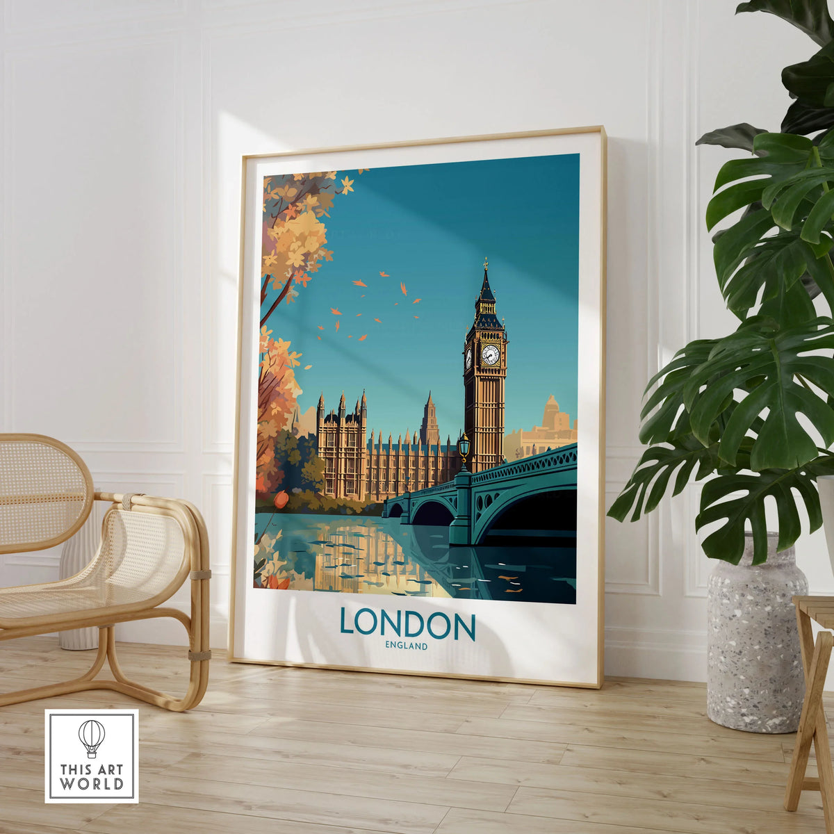 London Big Ben Wall Art | Modern Style in a large natural wood frame leaning in a room with a rattan chair and monstera plant