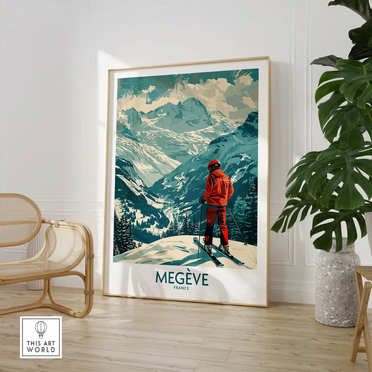 Megève Wall Art - France in a large natural wood frame leaning in a room with a rattan chair and monstera plant