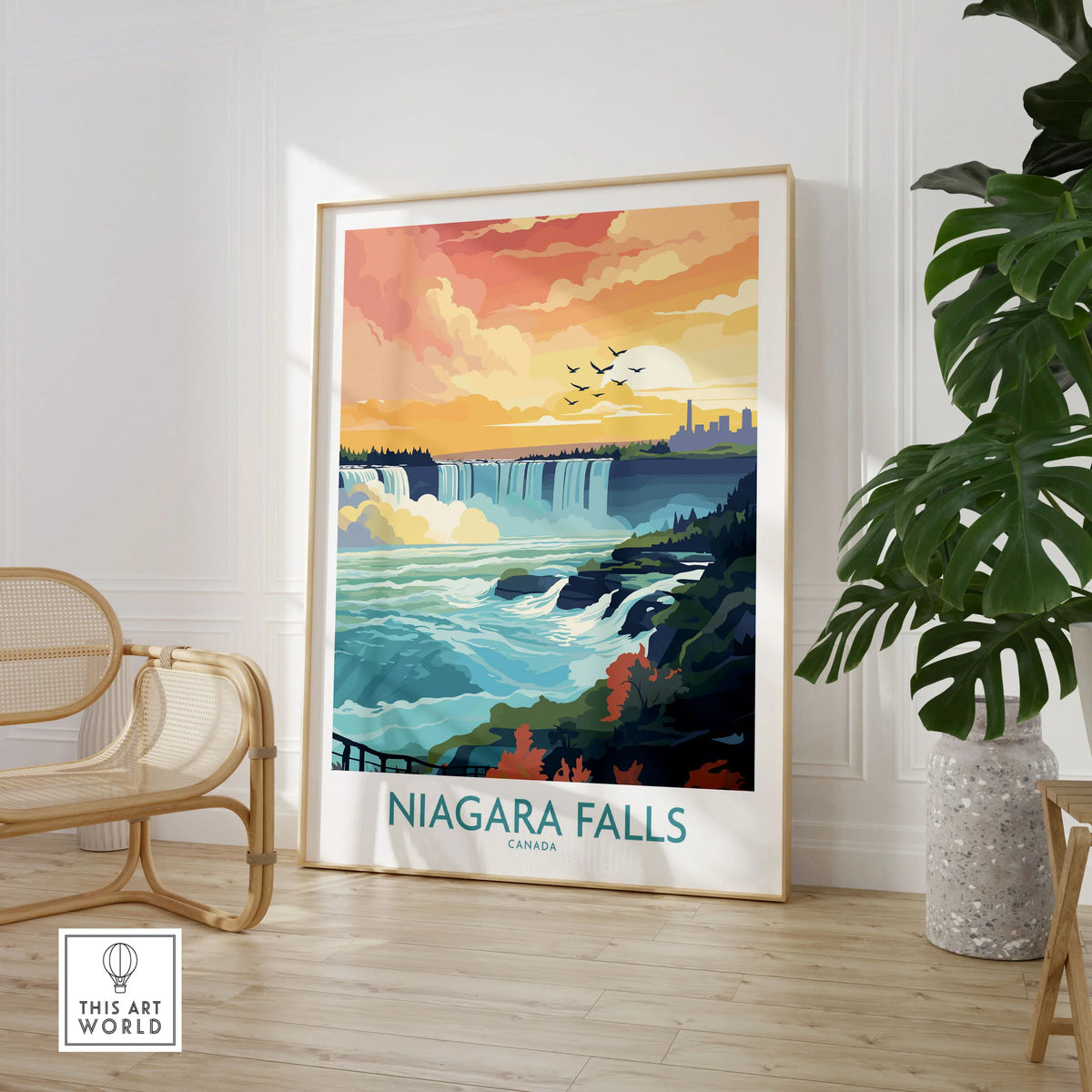 Niagara Falls Poster in a large natural wood frame leaning in a room with a rattan chair and monstera plant