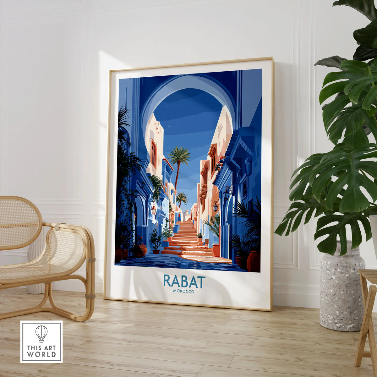 Rabat Morocco Blue Alleyway Wall Art — a blue-washed medina lane and stone steps seen through a horseshoe arch, shown as large framed print room setting chair plant