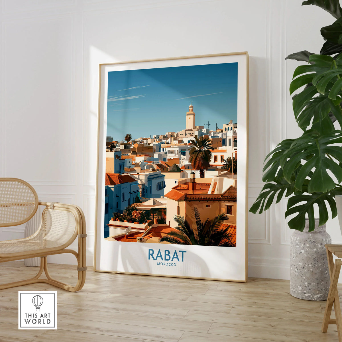 Rabat Morocco Minaret Skyline Wall Art — medina rooftops and a pale minaret in late afternoon sun, shown as large framed print room setting chair plant