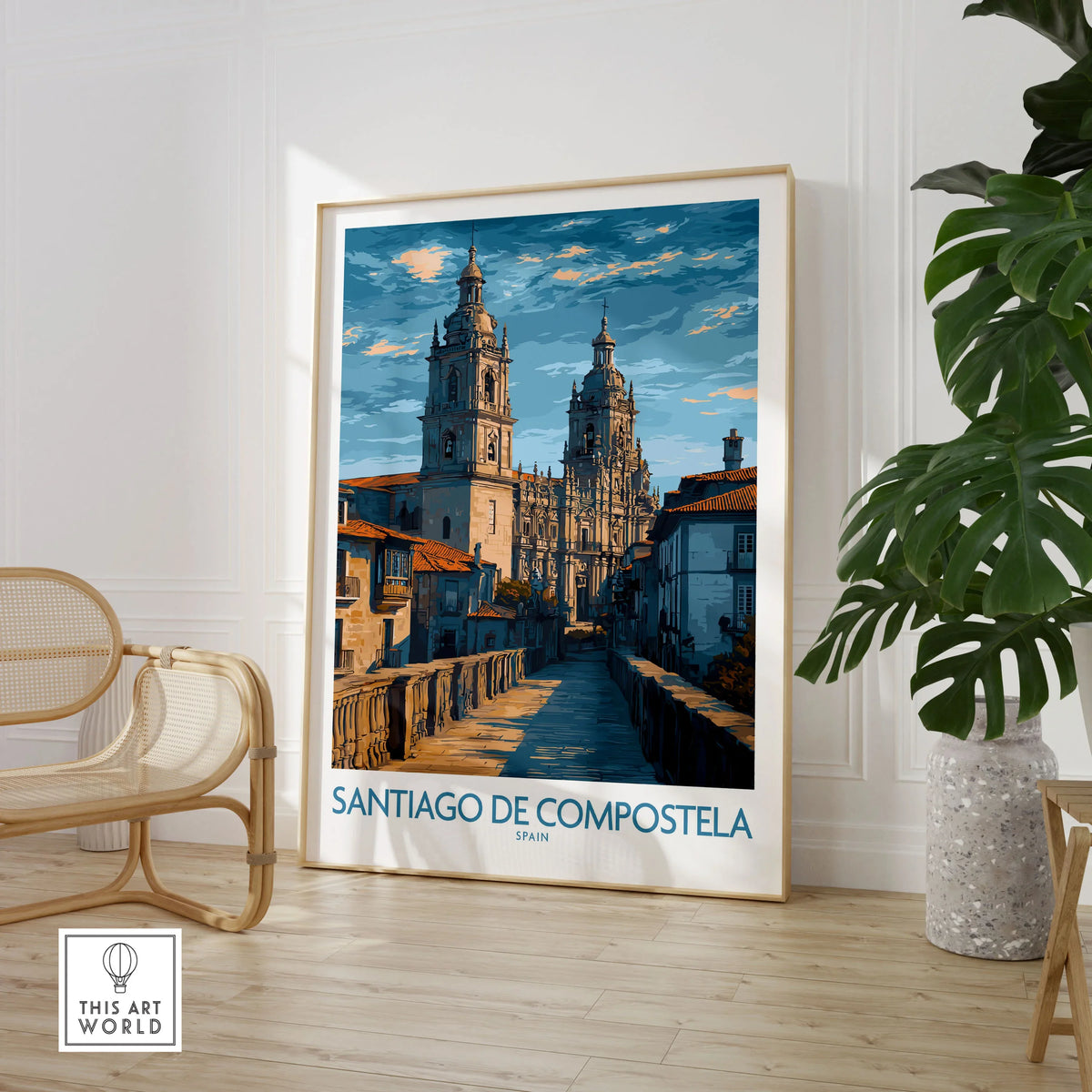 Santiago de Compostela Art Print | Galician Travel Poster in a large natural wood frame leaning in a room with a rattan chair and monstera plant
