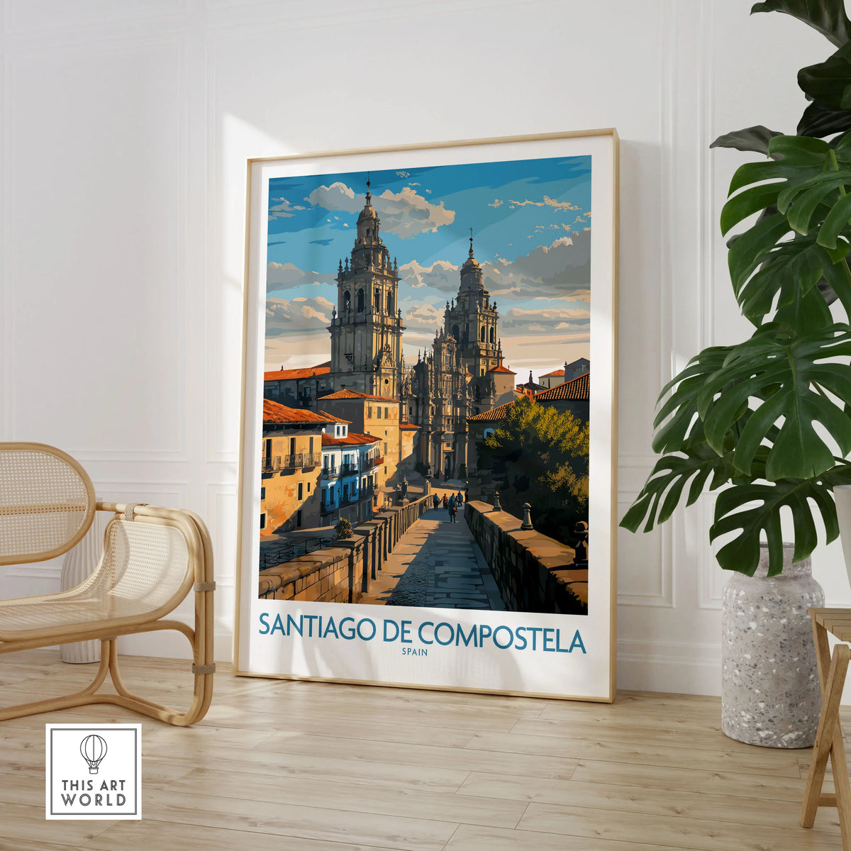 Santiago de Compostela Pilgrimage End Art Print | Cathedral Facade Poster in a large natural wood frame leaning in a room with a rattan chair and monstera plant