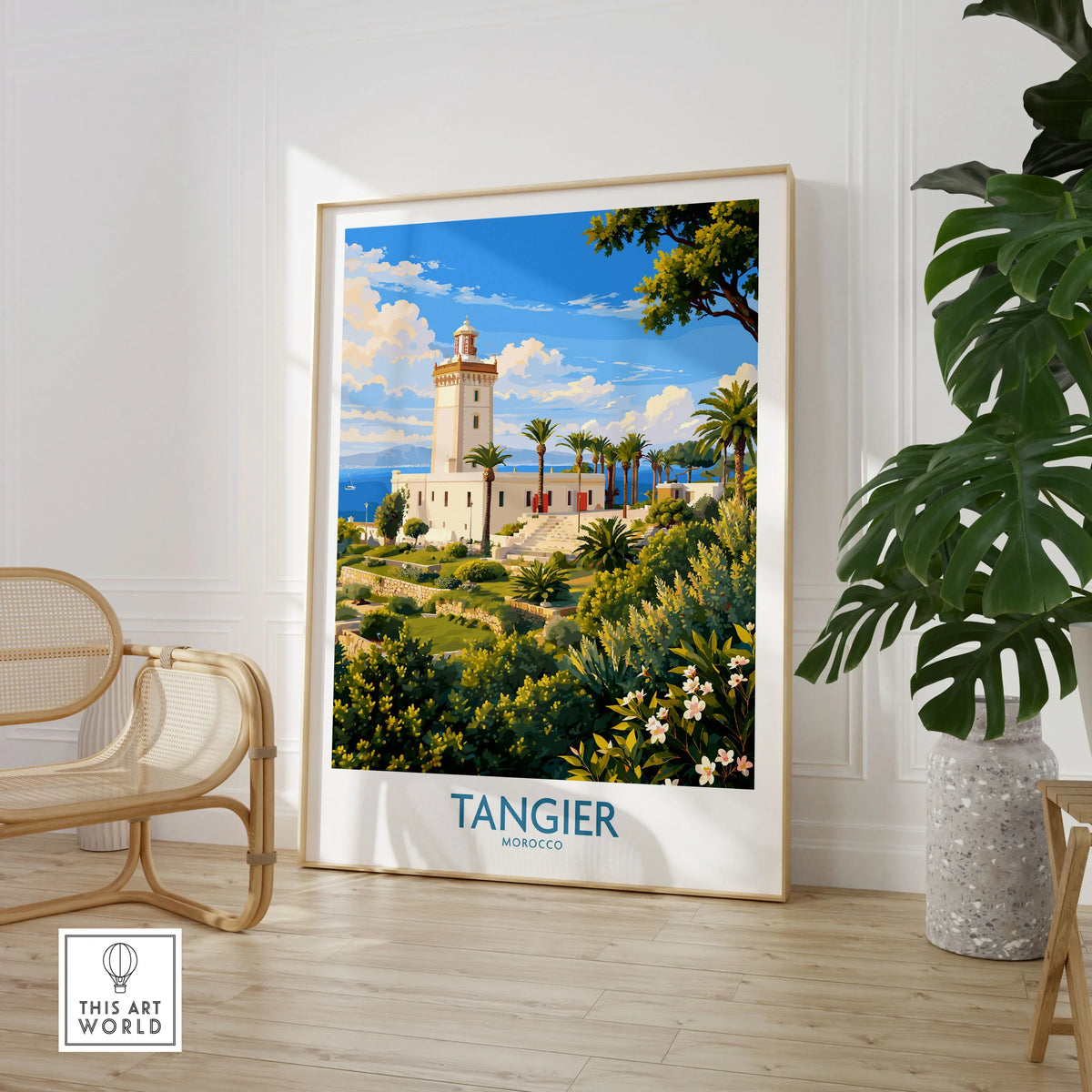 Tangier Morocco Lighthouse Gardens Wall Art — the Cap Spartel lighthouse above palm gardens and the blue strait, shown as large framed print room setting chair plant