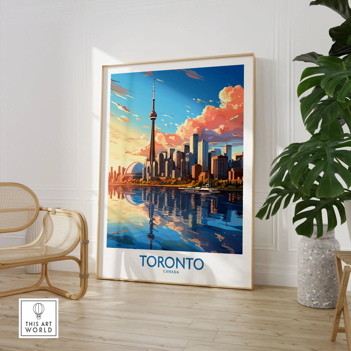 Toronto Wall Art Print in a large natural wood frame leaning in a room with a rattan chair and monstera plant