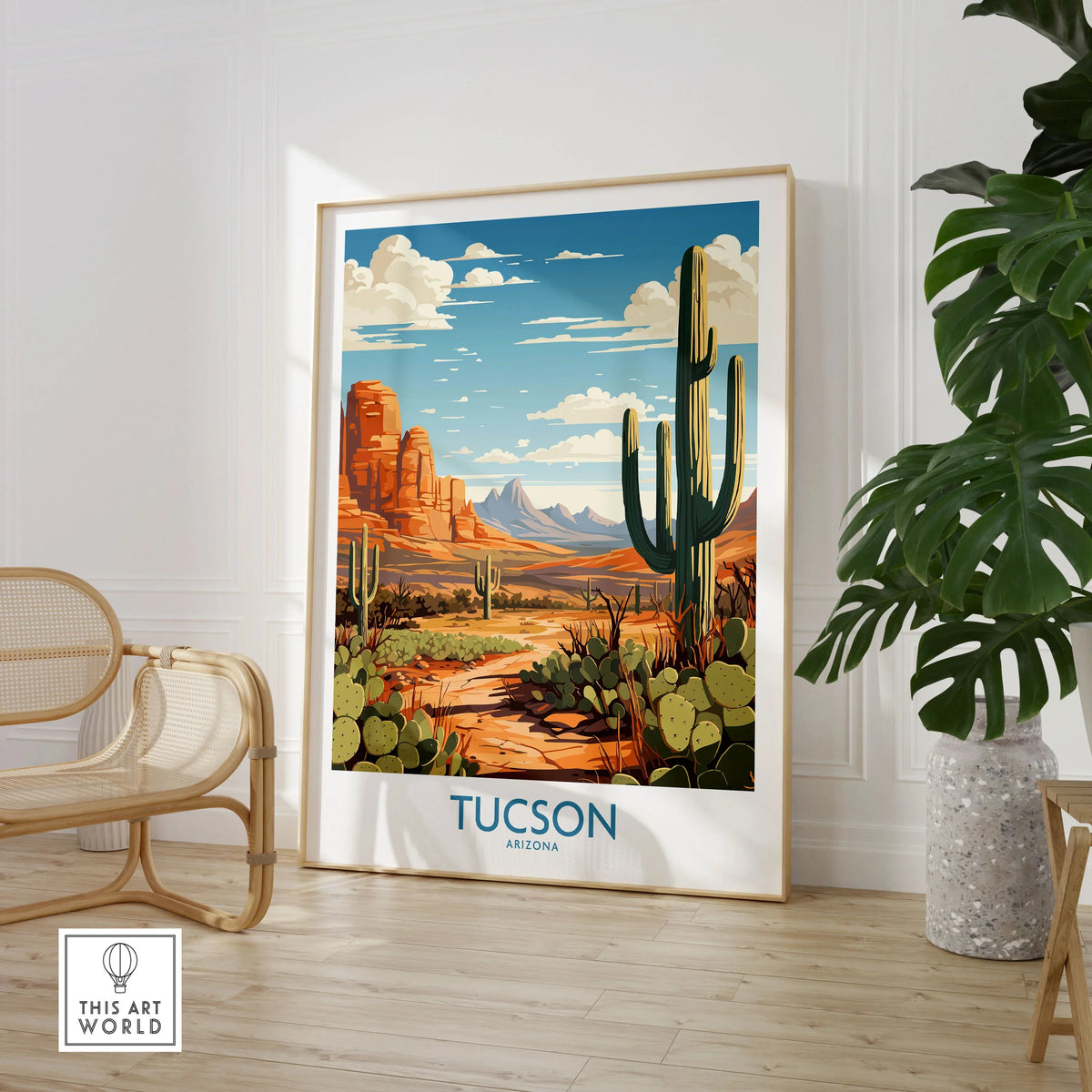 Tucson Arizona Wall Art in a large natural wood frame leaning in a room with a rattan chair and monstera plant