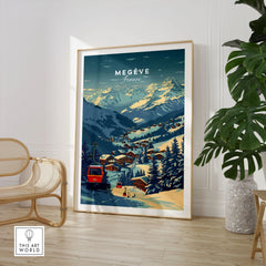 Megève Print France Ski Poster in a large natural wood frame leaning in a room with a rattan chair and monstera plant