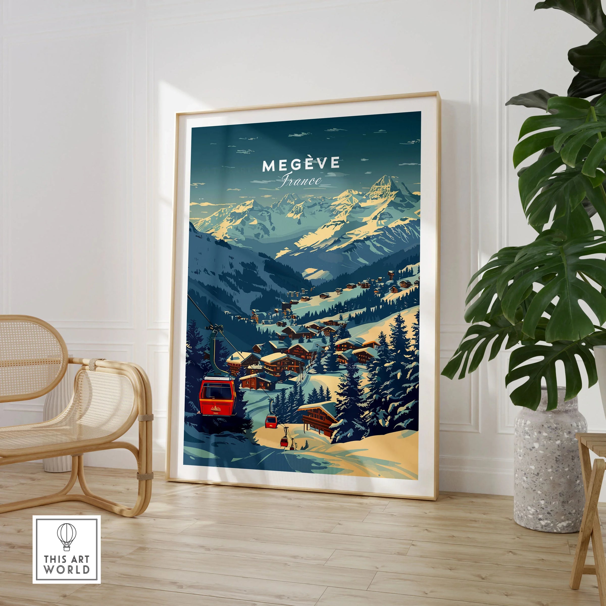 Megève Print France Ski Poster in a large natural wood frame leaning in a room with a rattan chair and monstera plant