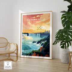 Niagara Falls Print in a large natural wood frame leaning in a room with a rattan chair and monstera plant