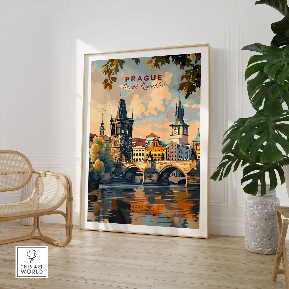 Prague Wall Art in a large natural wood frame leaning in a room with a rattan chair and monstera plant
