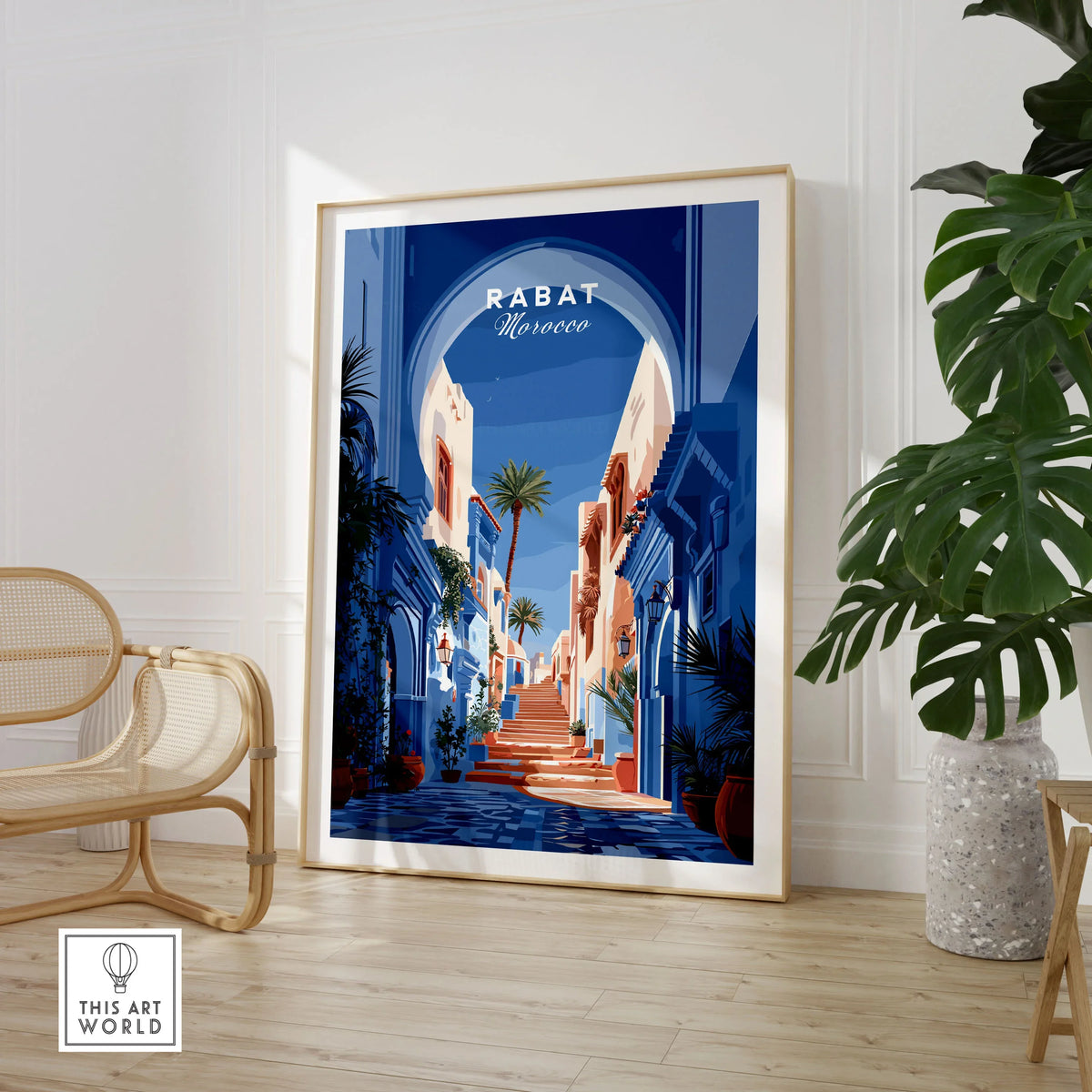 Rabat Morocco Blue Medina Travel Poster — a blue-washed medina lane and stone steps seen through a horseshoe arch, shown as large framed print room setting chair plant