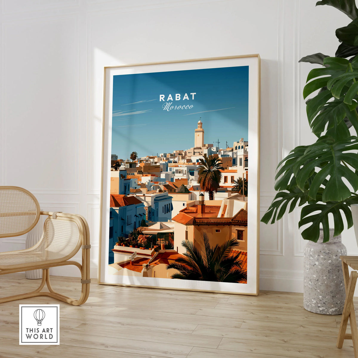 Rabat Morocco Medina Rooftops Travel Poster — medina rooftops and a pale minaret in late afternoon sun, shown as large framed print room setting chair plant