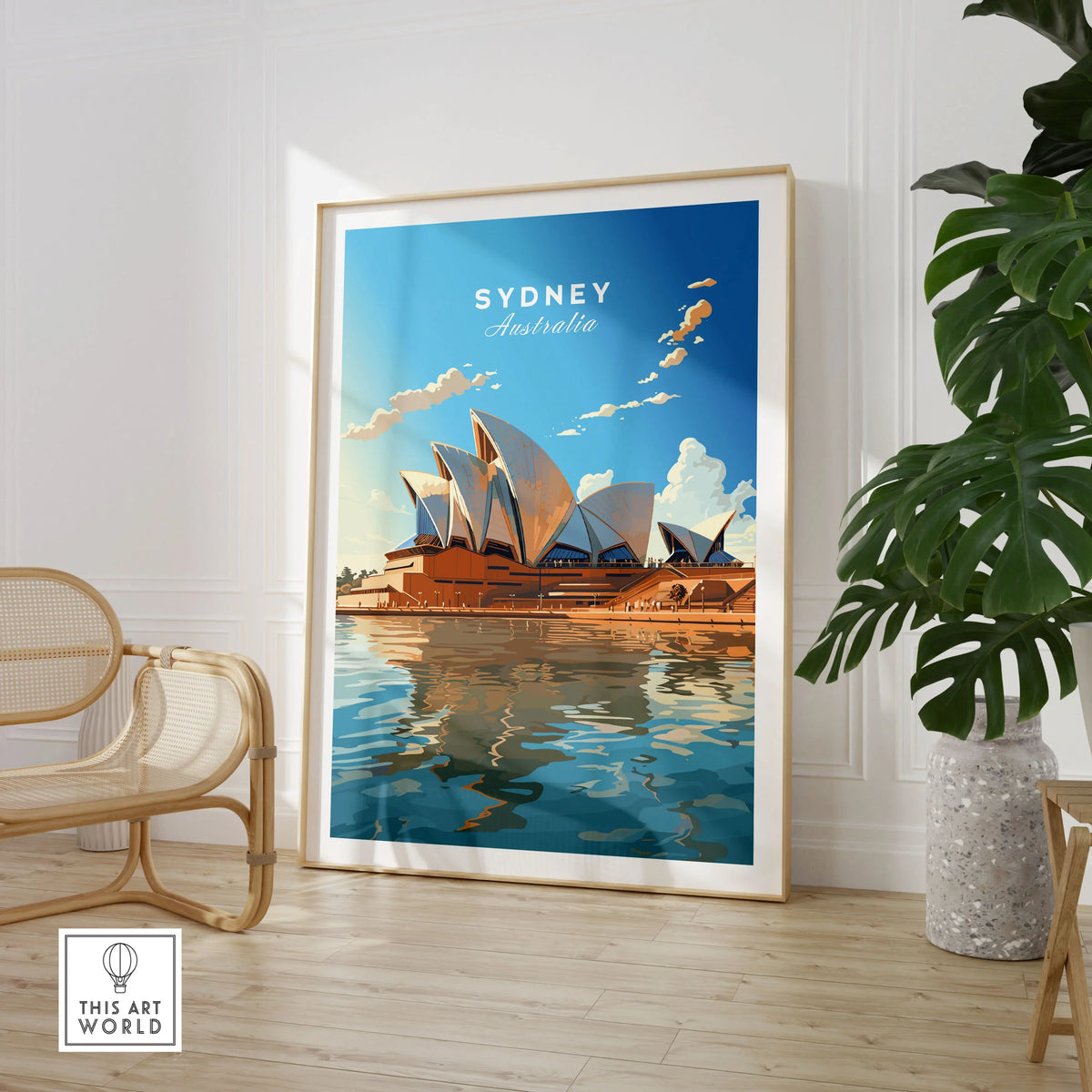 Sydney Poster Australia in a large natural wood frame leaning in a room with a rattan chair and monstera plant
