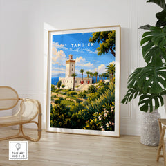 Tangier Morocco Cap Spartel Lighthouse Travel Poster — the Cap Spartel lighthouse above palm gardens and the blue strait, shown as large framed print room setting chair plant