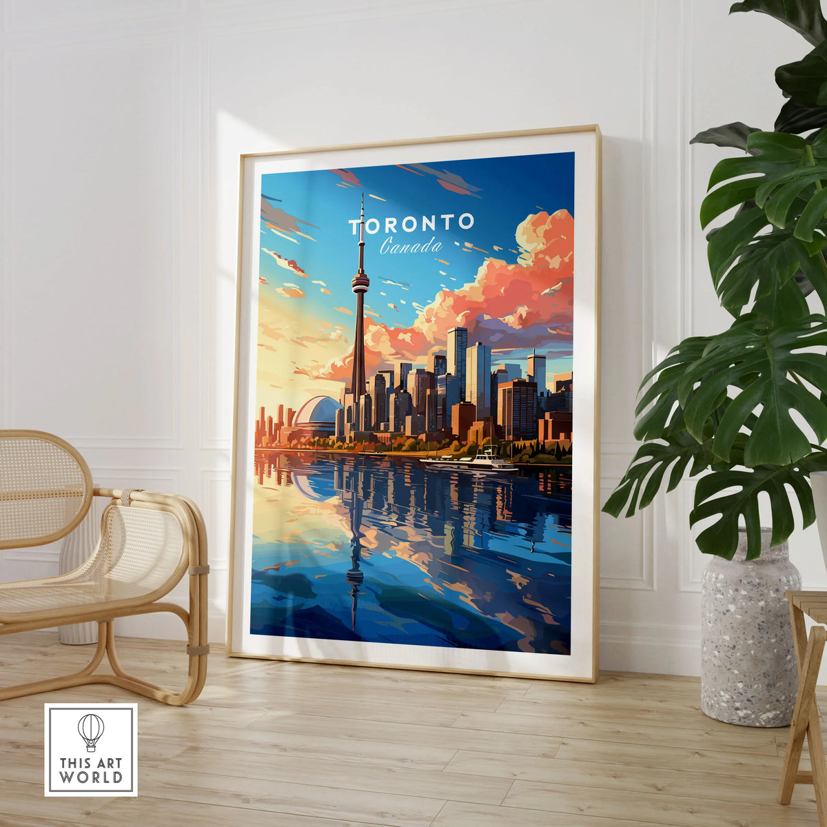 Toronto Poster in a large natural wood frame leaning in a room with a rattan chair and monstera plant