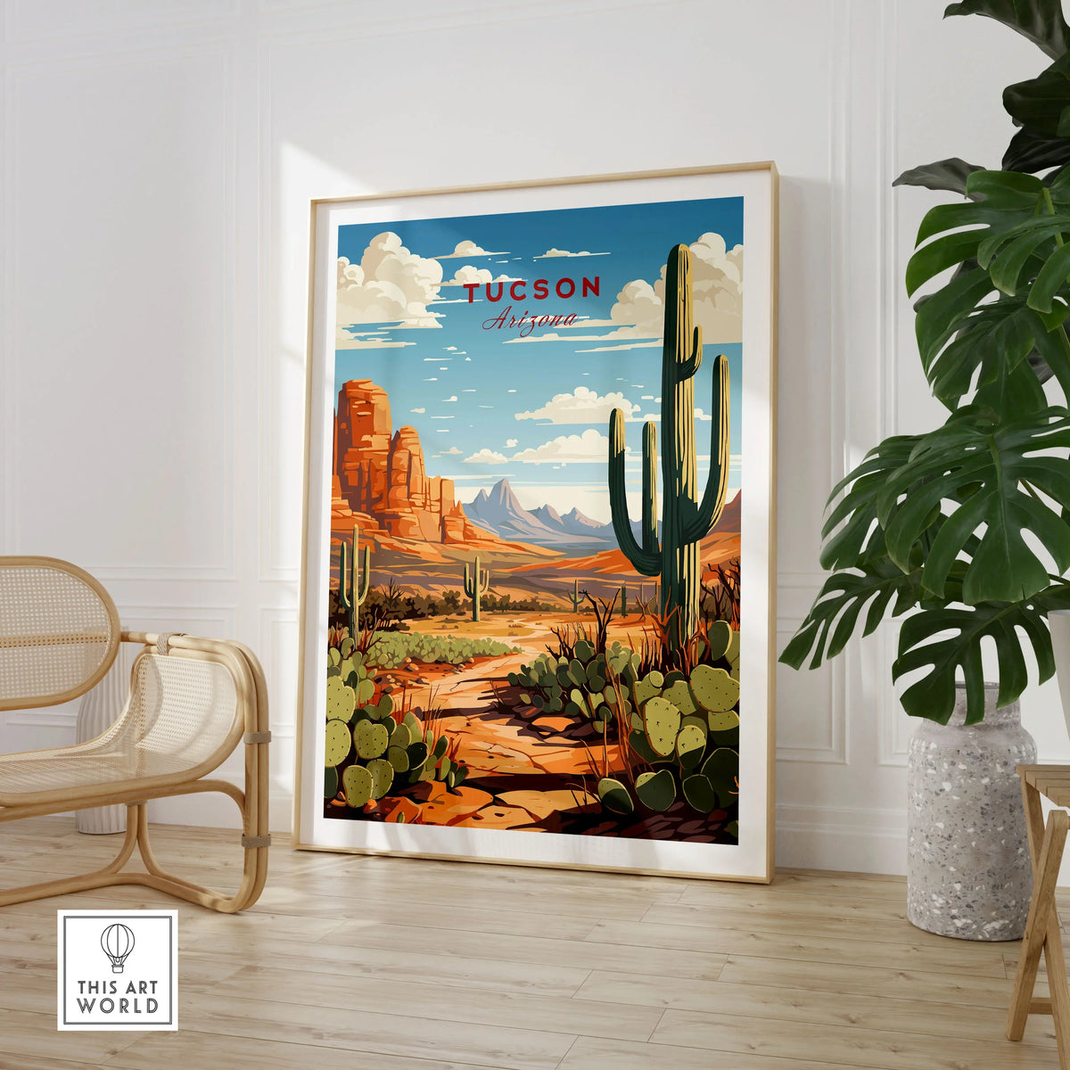 Tucson Arizona Print in a large natural wood frame leaning in a room with a rattan chair and monstera plant