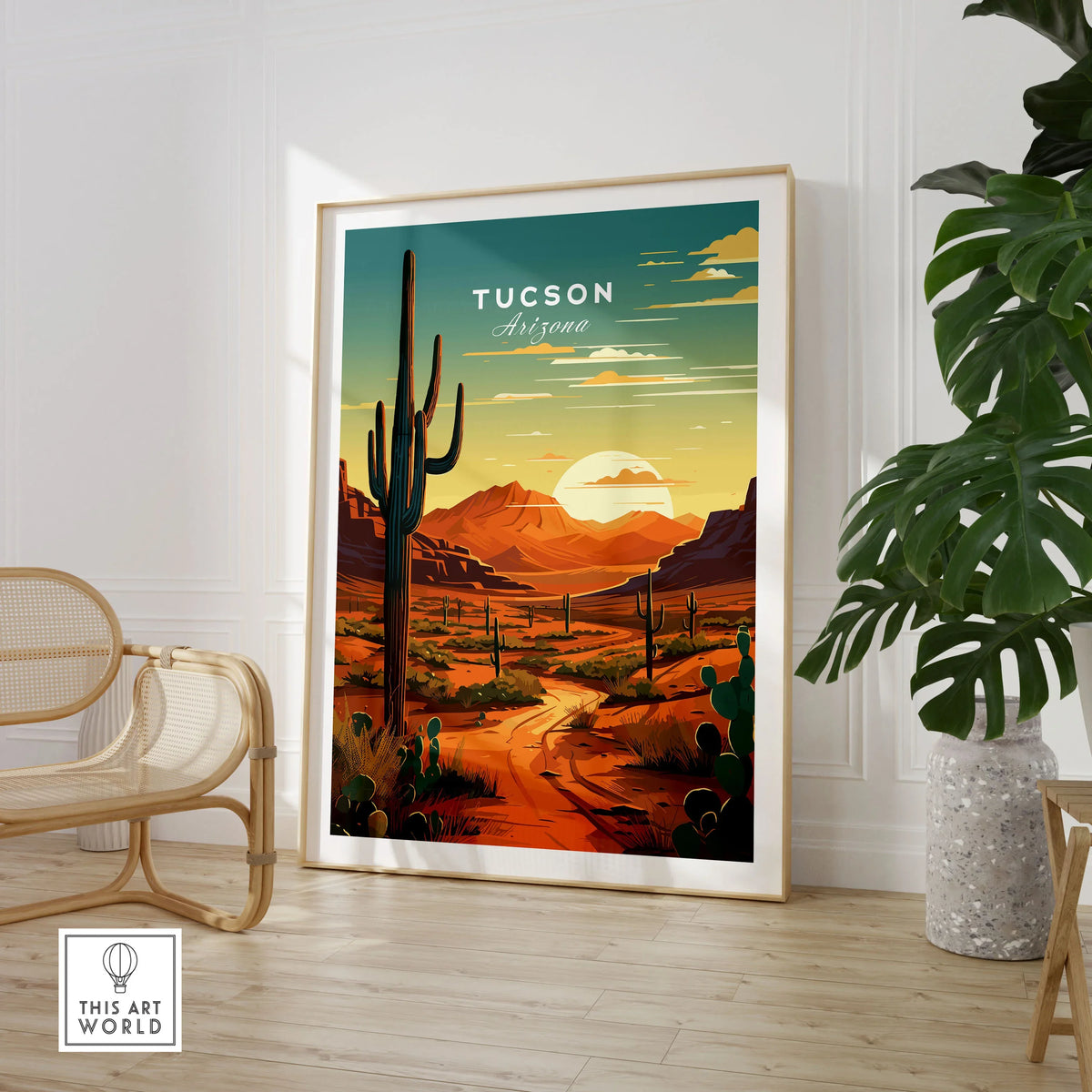 Tucson Arizona Poster in a large natural wood frame leaning in a room with a rattan chair and monstera plant