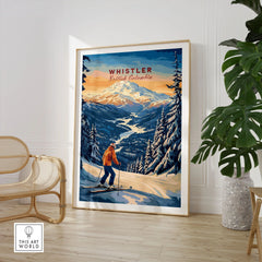 Whistler Travel Poster -  British Columbia in a large natural wood frame leaning in a room with a rattan chair and monstera plant