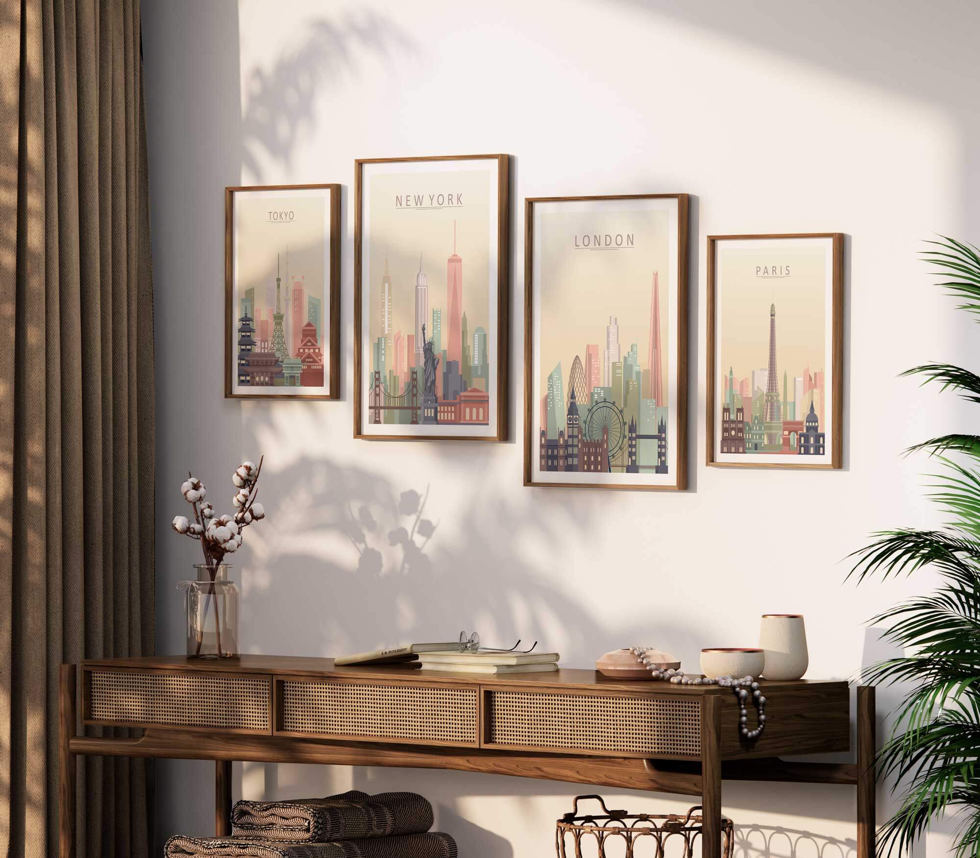City Skyline Prints - New York, London, Tokyo and Paris in wood frames above a desk