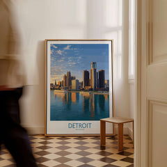 Detroit Michigan City Skyline Art Print | Renaissance Center Poster displayed in a stylish room with modern decor.