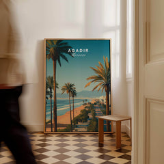 Agadir Travel Poster Print Morocco - Palm Trees displayed in a stylish interior with palm trees and beach scenery.