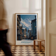 Andermatt Switzerland Wall Art Print displayed in a stylish interior setting with a mountain backdrop.