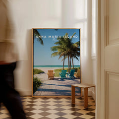 Framed Anna Maria Island Florida travel poster with palm trees and beach chairs on floor