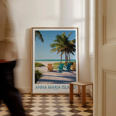 Framed Anna Maria Island Florida beach travel poster with palm trees and chairs on floor