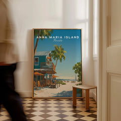 Framed Anna Maria Island Florida travel poster with beach house and palm trees on floor