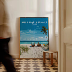 Framed Anna Maria Island Florida travel poster with beach scene on floor in bright room