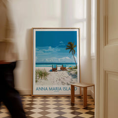 Framed Anna Maria Island Florida beach travel poster on floor in bright hallway