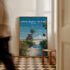 Framed Anna Maria Island Florida travel poster with beach and lifeguard tower leaning on floor