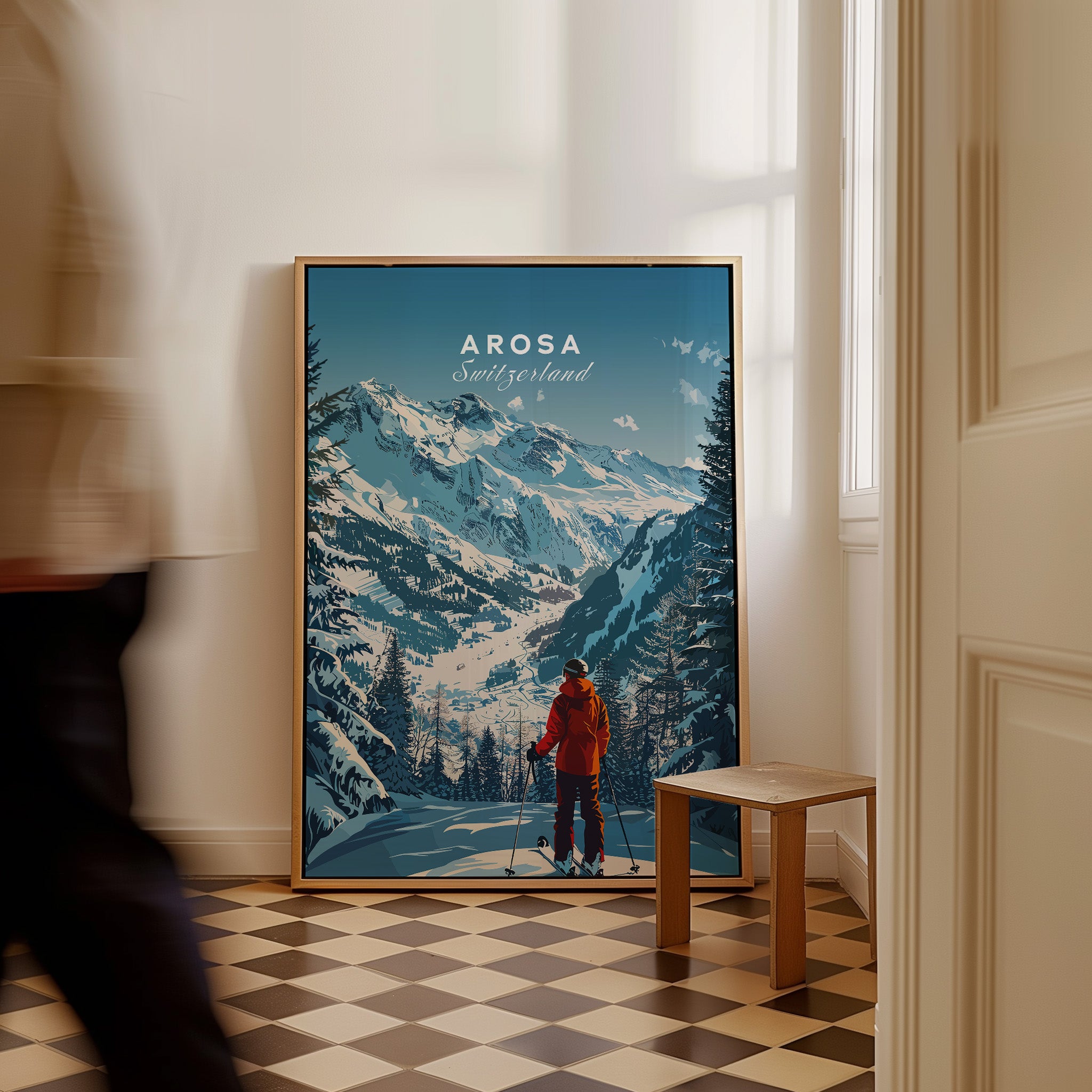 Arosa Travel Poster - Switzerland showcasing stunning mountain landscapes and a skier in vibrant colors.