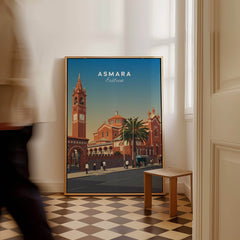 Asmara Travel Poster – Eritrea Cathedral and Bell Tower Art Print displayed in a stylish interior setting.