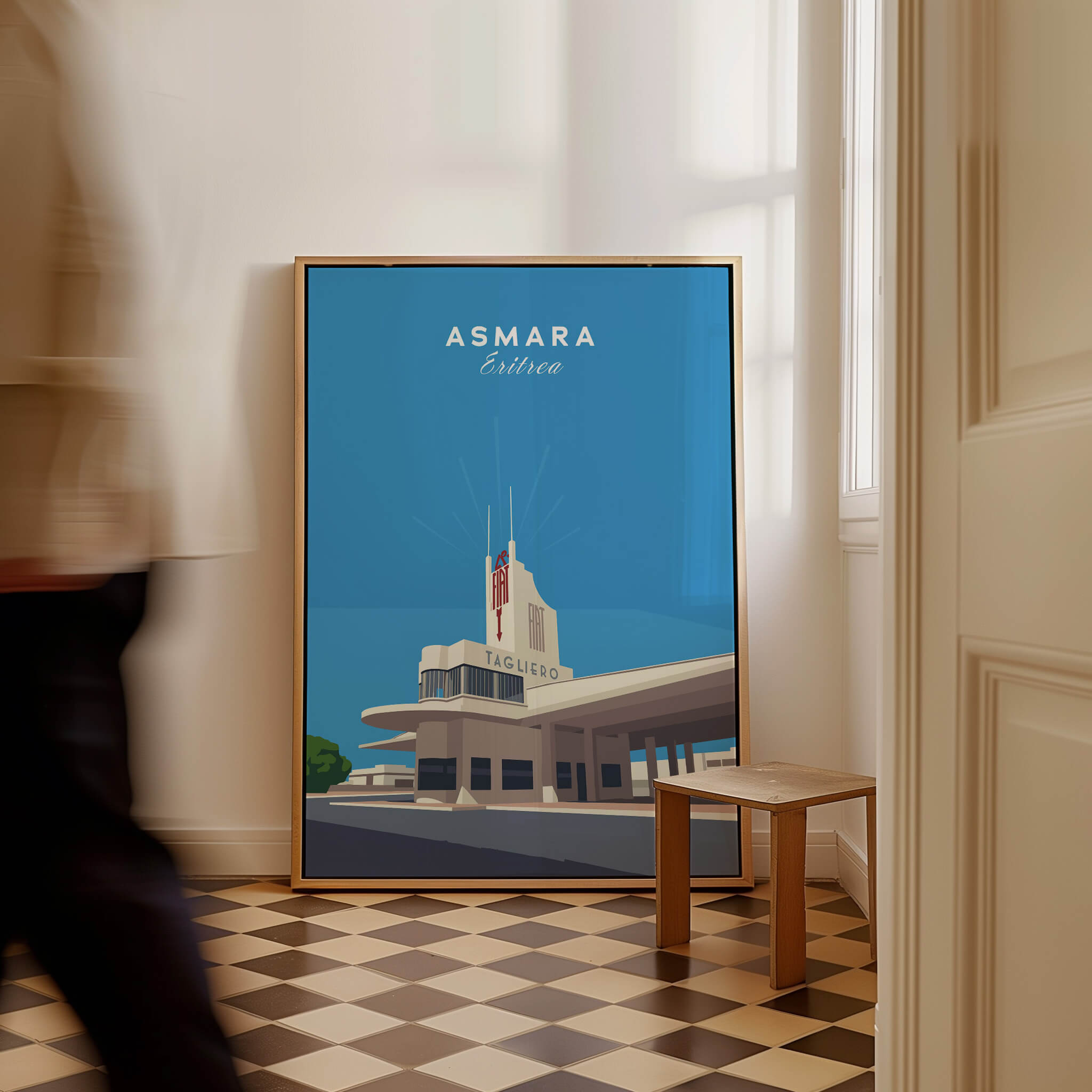 Asmara Travel Poster – Fiat Tagliero Futurist Architecture Art Print displayed in an interior setting.