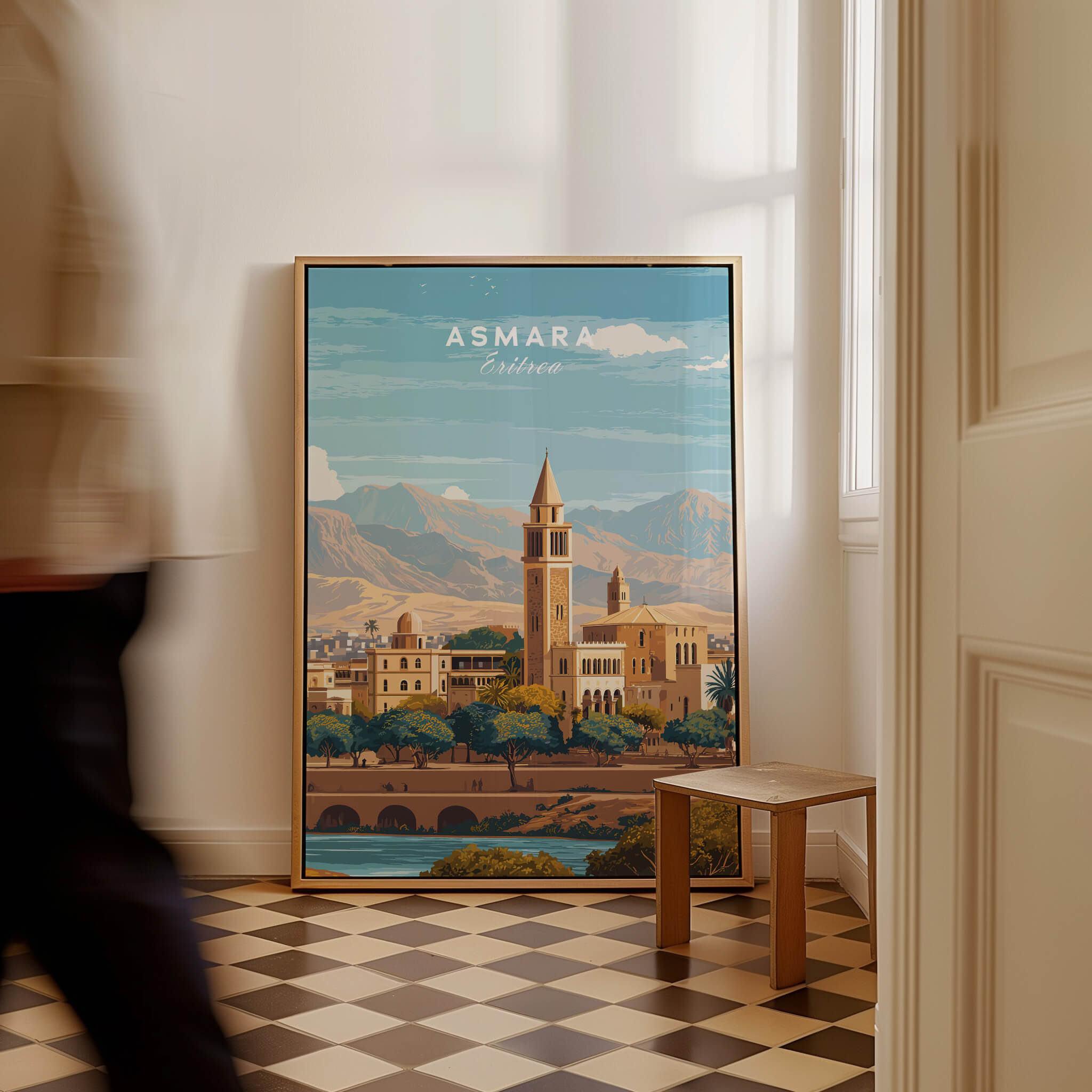 Asmara Travel Poster – Cityscape Skyline and Mountain Landscape Art Print showcasing Asmara's architecture and backdrop.