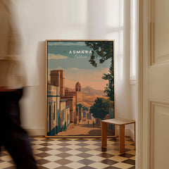 Asmara Travel Poster – Sunset Cityscape Art Print in a stylish interior with wooden frame and elegant flooring.