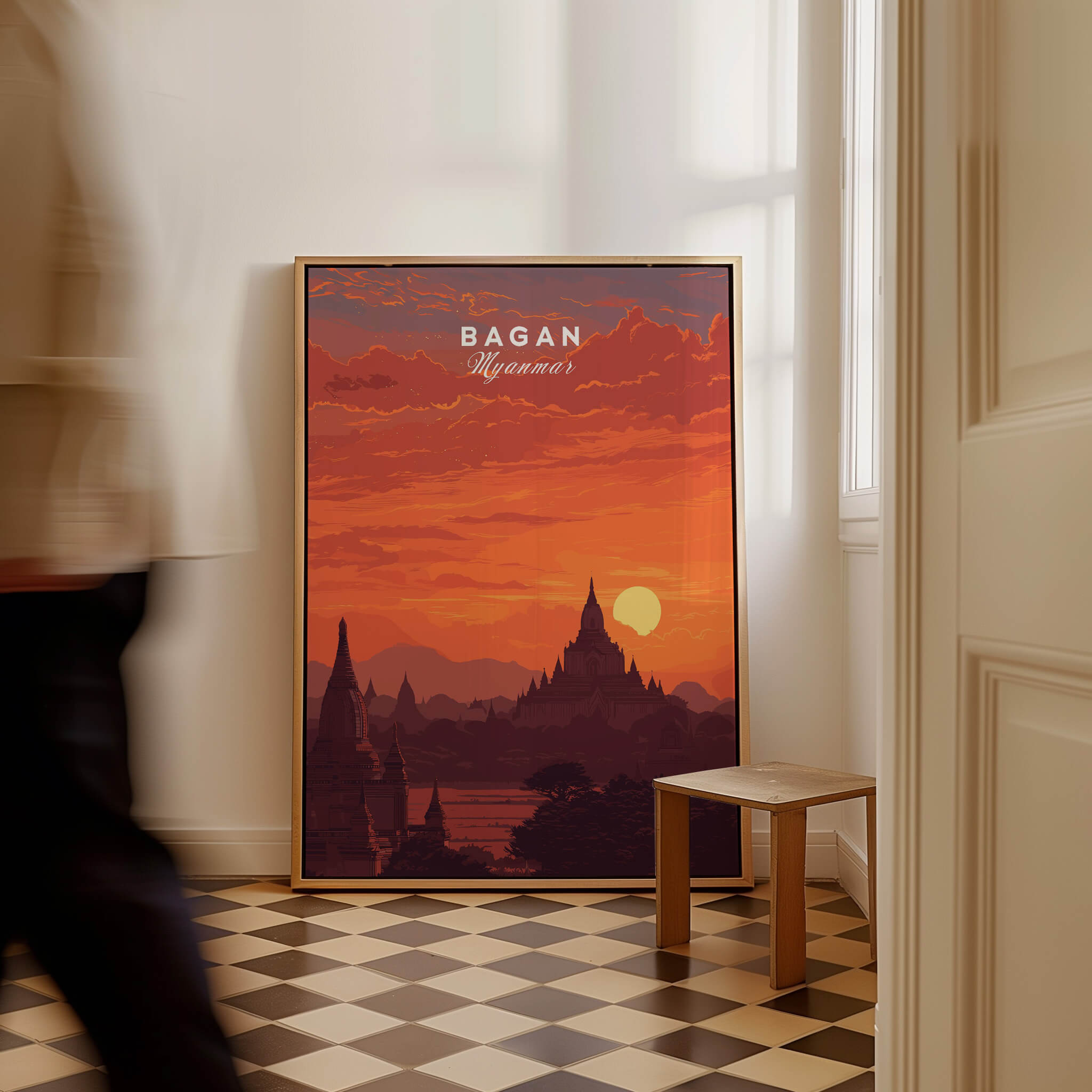 Bagan Travel Poster – Myanmar Ancient Temple Sunset Art displayed in a cozy interior with a person walking by.