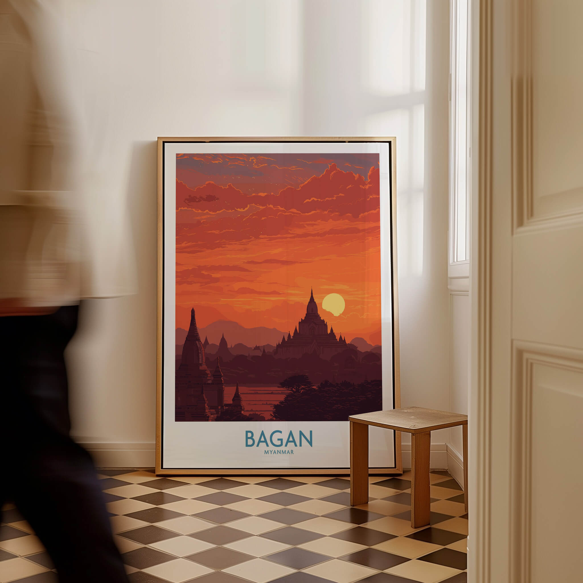 Bagan Myanmar Wall Art – Buddhist Pagoda Skyline Canvas Print displayed in a stylish home interior.